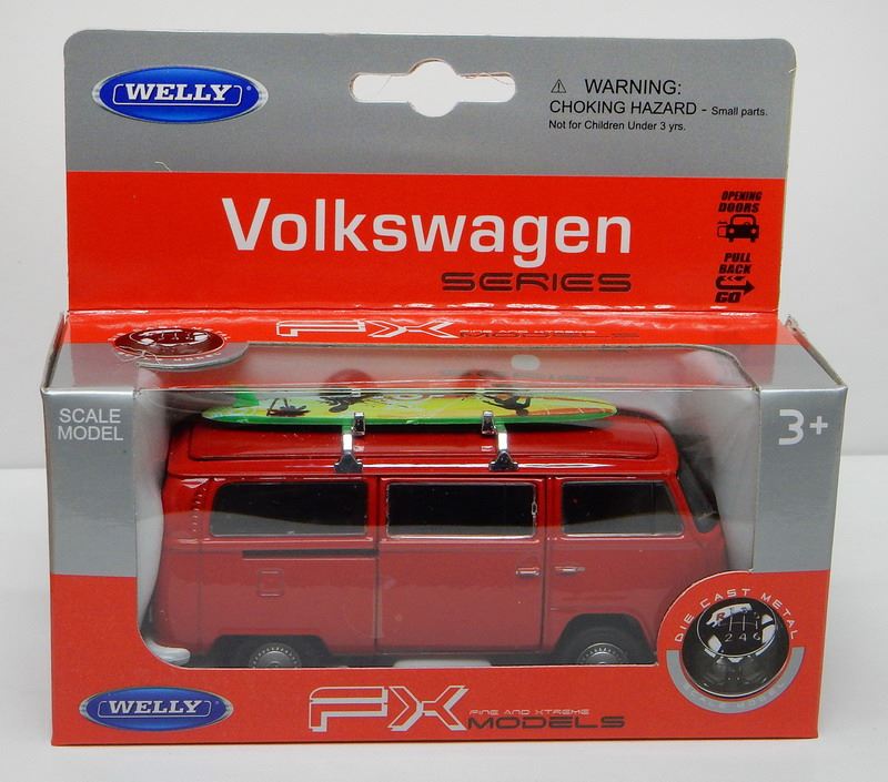 Welly 1:34-39 Scale VW T2 Bus 1972 c/w Surf Board - Red