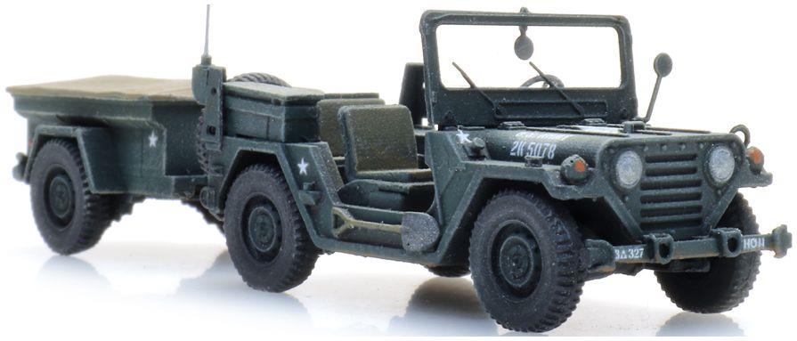 Artitec 1:87 Scale M151 Jeep + M416 Trailer Forest Green (US) Ready-Made, Painted