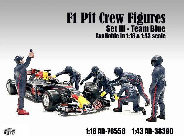 American Diorama 1:18 Scale F1 Pit Crew Figures Set #3 Team Blue/ Purple (7 x Figures)